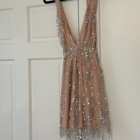 Mini party dress, beige/pink with coloful with sequin - Picture 1 of 6